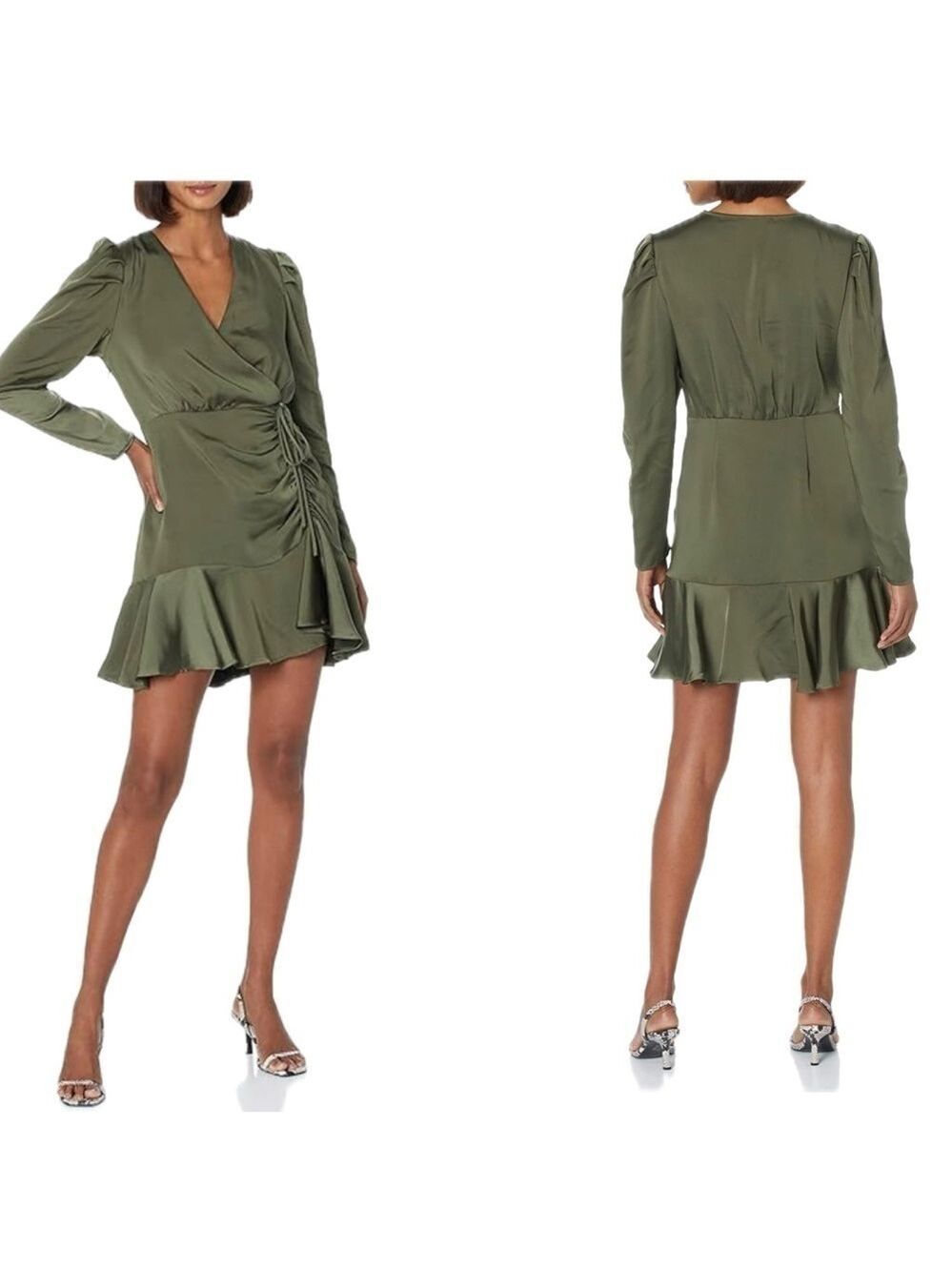 Steve Madden khaki olive green satin effect ruffle BB DAKOTA NYLA DRESS NWT
